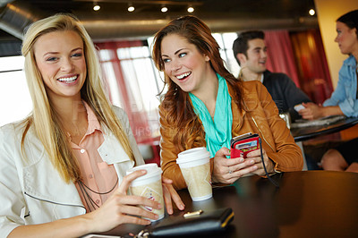 Buy stock photo Portrait, funny or girl friends at coffee shop for joke humor, reunion or morning chat together. Women, laughing or happy people bonding at cafe, diner or restaurant for drinking cappuccino beverage