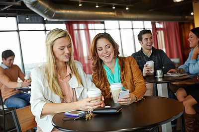 Buy stock photo Phone, girl or friends gossip in coffee shop on social media, blog or online post in restaurant together. Reunion, mobile app or happy people drinking beverage in cafe for chat, news or funny story