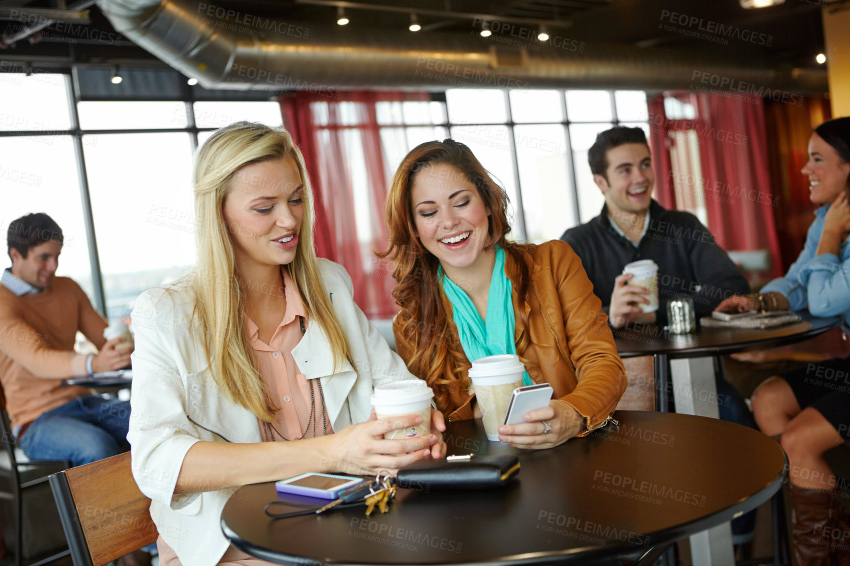 Buy stock photo Phone, girl or friends gossip in coffee shop on social media, blog or online post in restaurant together. Reunion, mobile app or happy people drinking beverage in cafe for chat, news or funny story