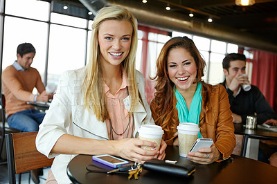 Buy stock photo Phone, smile or portrait of friends in coffee shop on social media, blog or online post in restaurant together. Reunion, girls or happy people drinking beverage in cafe for chat, news or mobile app