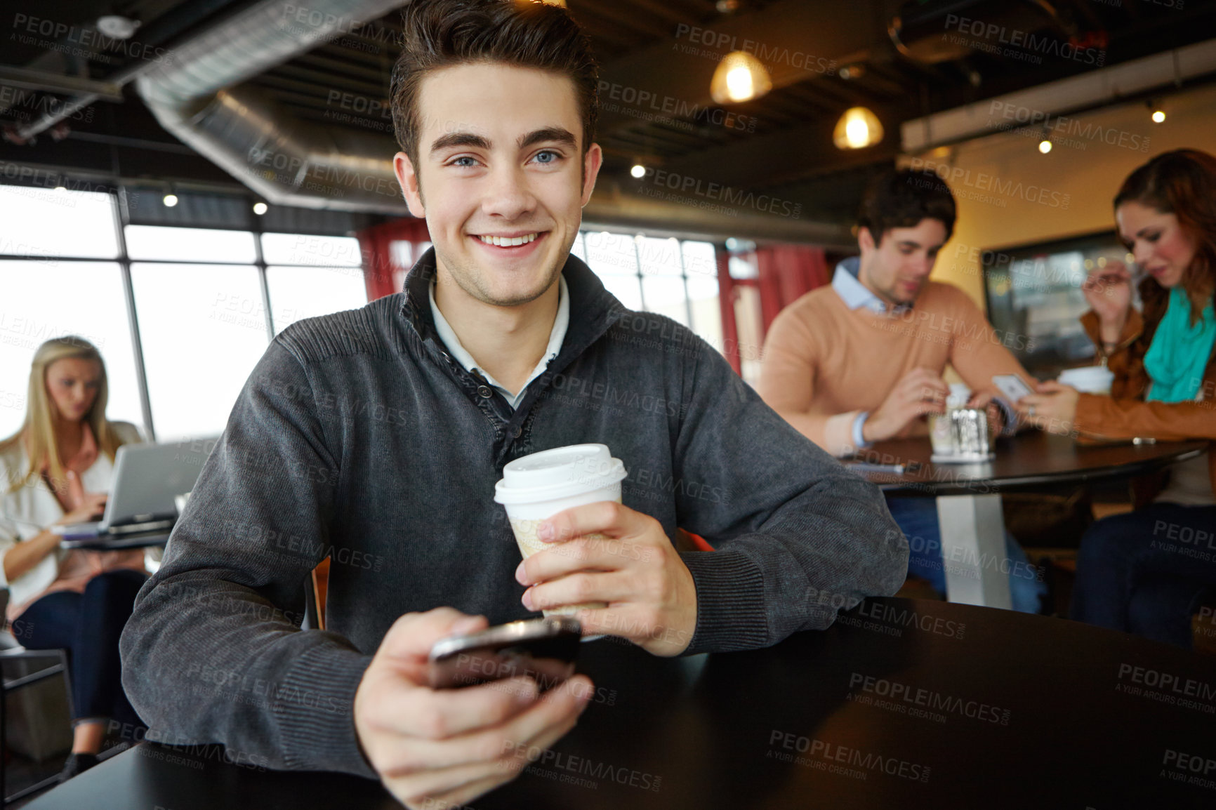 Buy stock photo Portrait, phone and happy man drinking coffee in cafe for relax, communication or waiting for online date. Face, mobile and customer smile at restaurant table on social media with latte or espresso