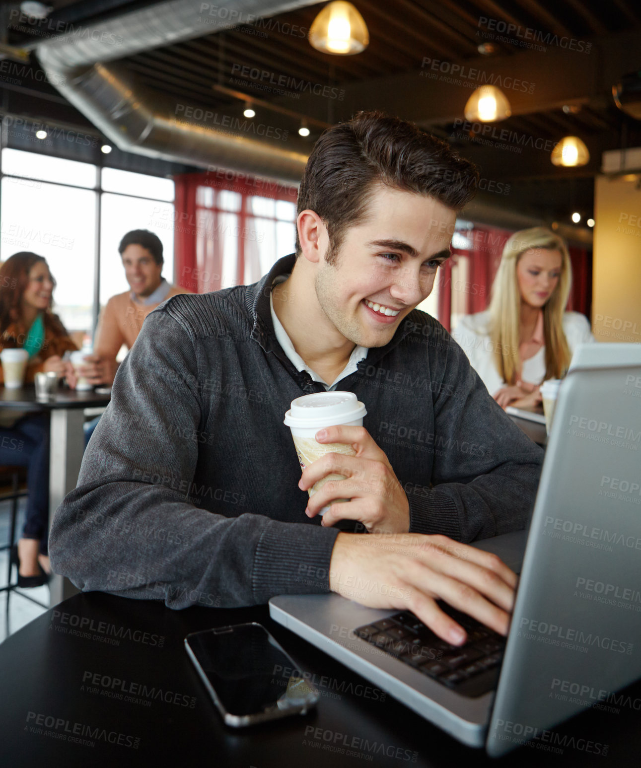 Buy stock photo Remote work, man and smile with laptop in coffee shop for email, communication or freelance trading. Happy, investor and reading with technology at cafe for stock market, research and investment plan