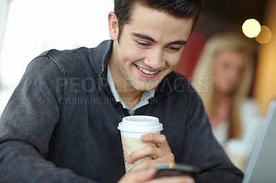 Buy stock photo Remote work, man and happy with phone in coffee shop for email, communication or freelance trading. Investor, smile and reading with technology at cafe for stock market, research and investment plan