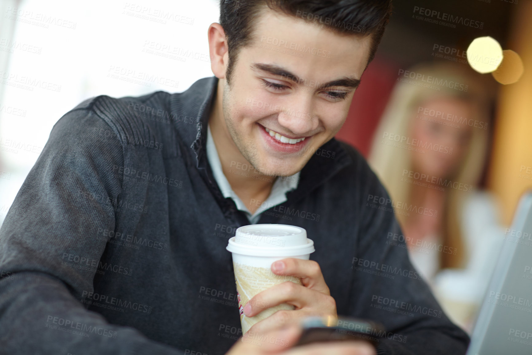 Buy stock photo Remote work, man and happy with phone in coffee shop for email, communication or freelance trading. Investor, smile and reading with technology at cafe for stock market, research and investment plan