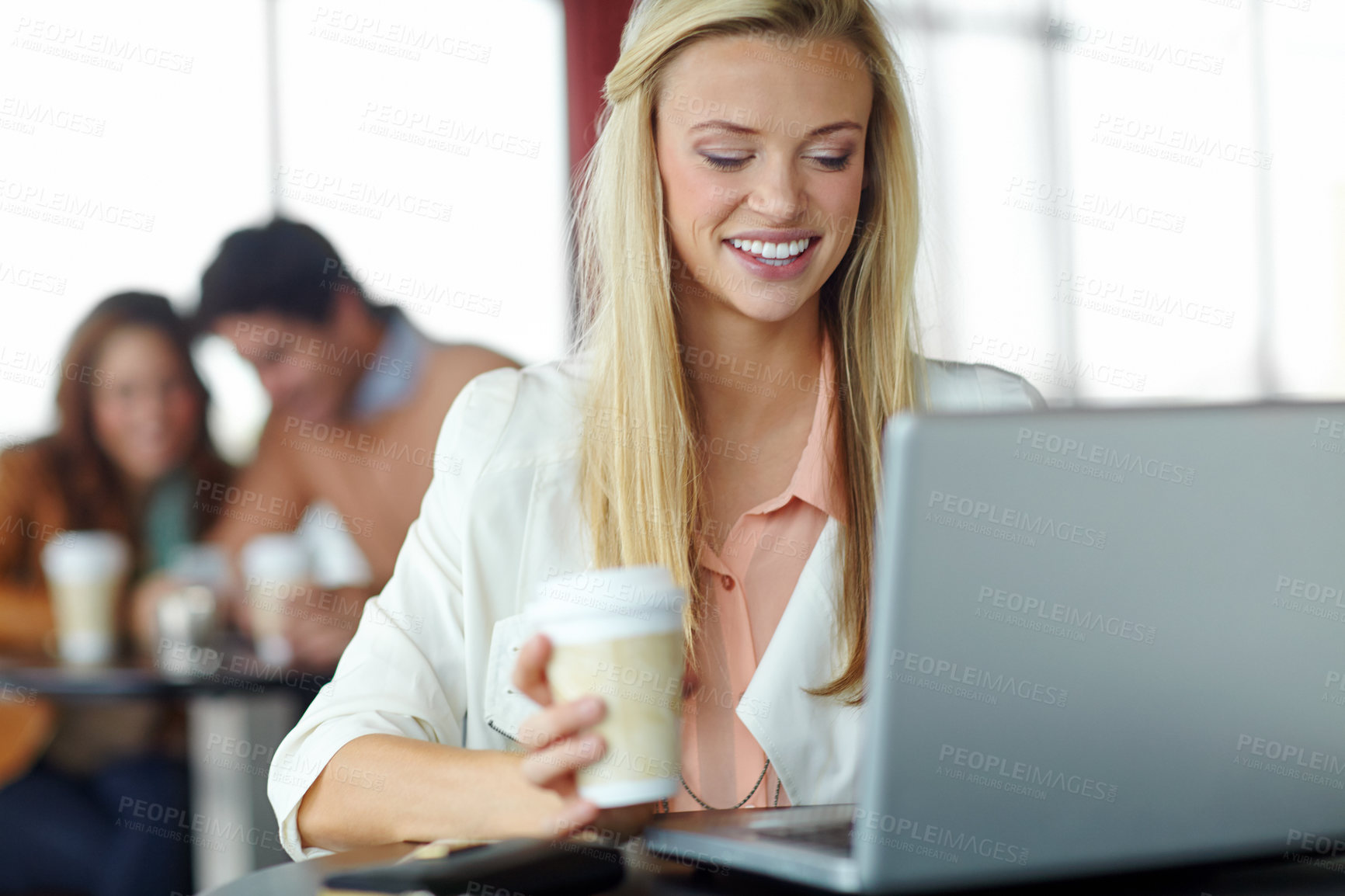 Buy stock photo Remote work, woman and smile with laptop in coffee shop for email, communication and freelance trading. Happy, investor and reading with tech at cafe for stock market, planning or investment research