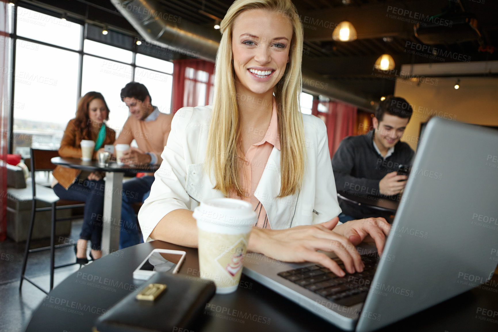 Buy stock photo Remote work, woman and portrait with laptop in coffee shop for email, networking and freelance trading. Smile, trader and happy with technology at cafe for stock market, research and investment plan