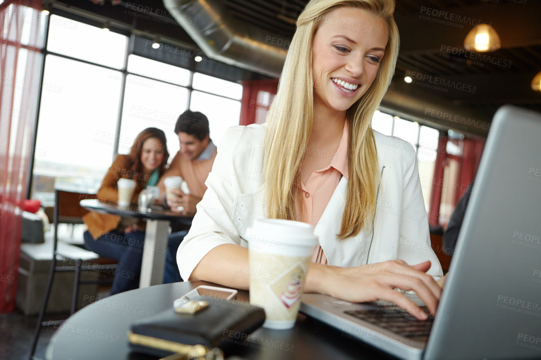 Buy stock photo Woman, smile and remote work with laptop in cafe for email, communication and freelance trading. Investor, reading and happy with tech at coffee shop for investment, research or stock market planning