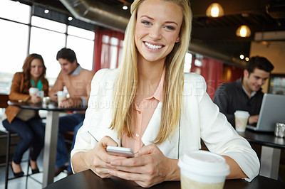 Buy stock photo Portrait, phone and happy woman in coffee shop for relax, communication or waiting for online date. Face, mobile or customer smile at cafe table on social media, blog app or writing restaurant review