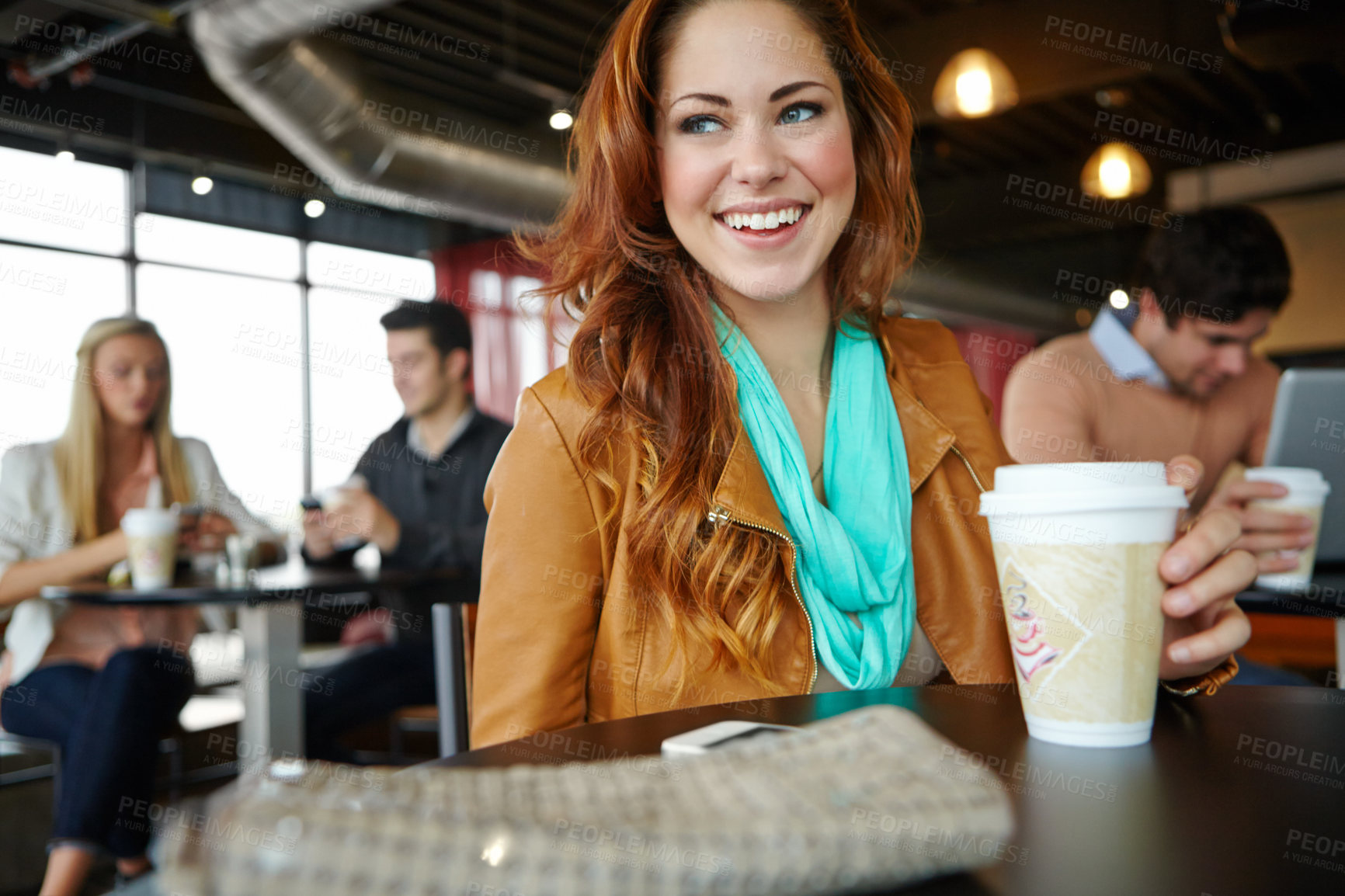 Buy stock photo Woman, happy and coffee in cafe with thinking of memory, daydreaming and relax with hot beverage. Customer, person and thoughtful in bistro with smile for inspiration, ideas and reflection on break