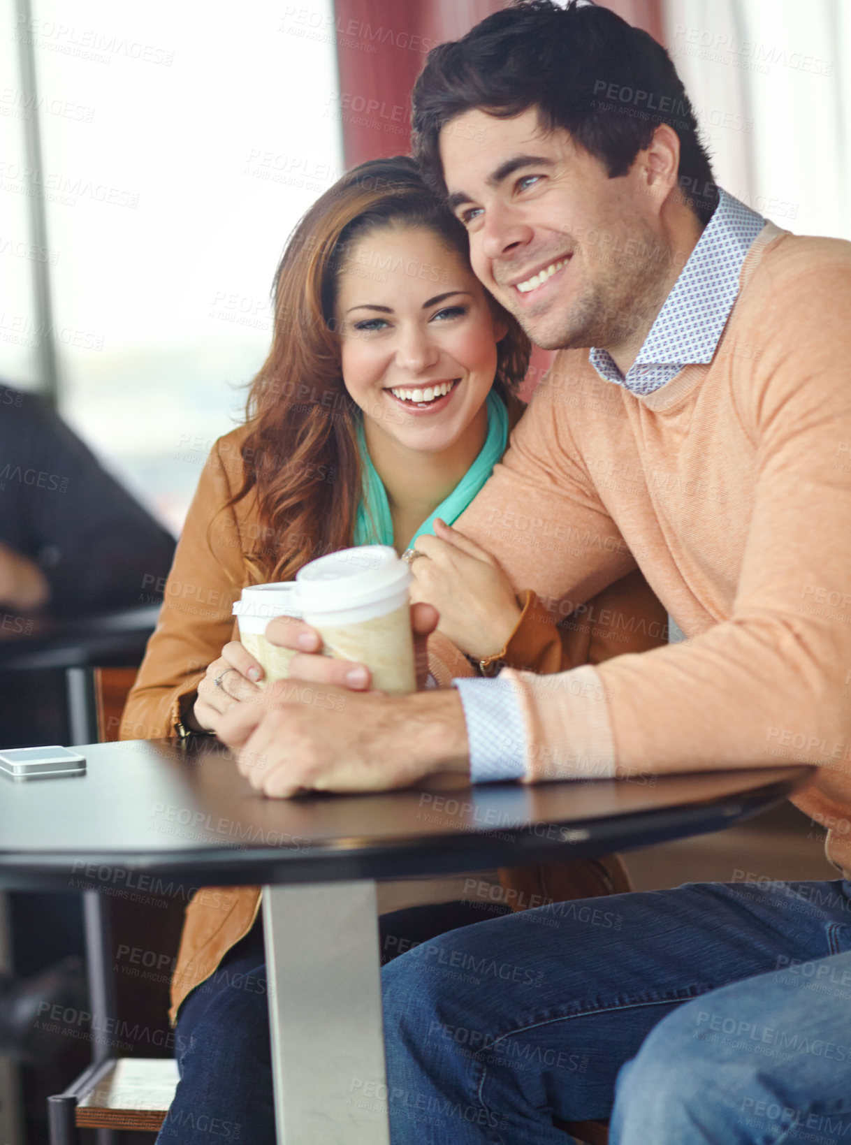 Buy stock photo Love, happy couple and drinking coffee in cafe on date for support, care and relax together. Smile, man and woman laugh at restaurant with partner for funny joke, comedy and celebrate anniversary