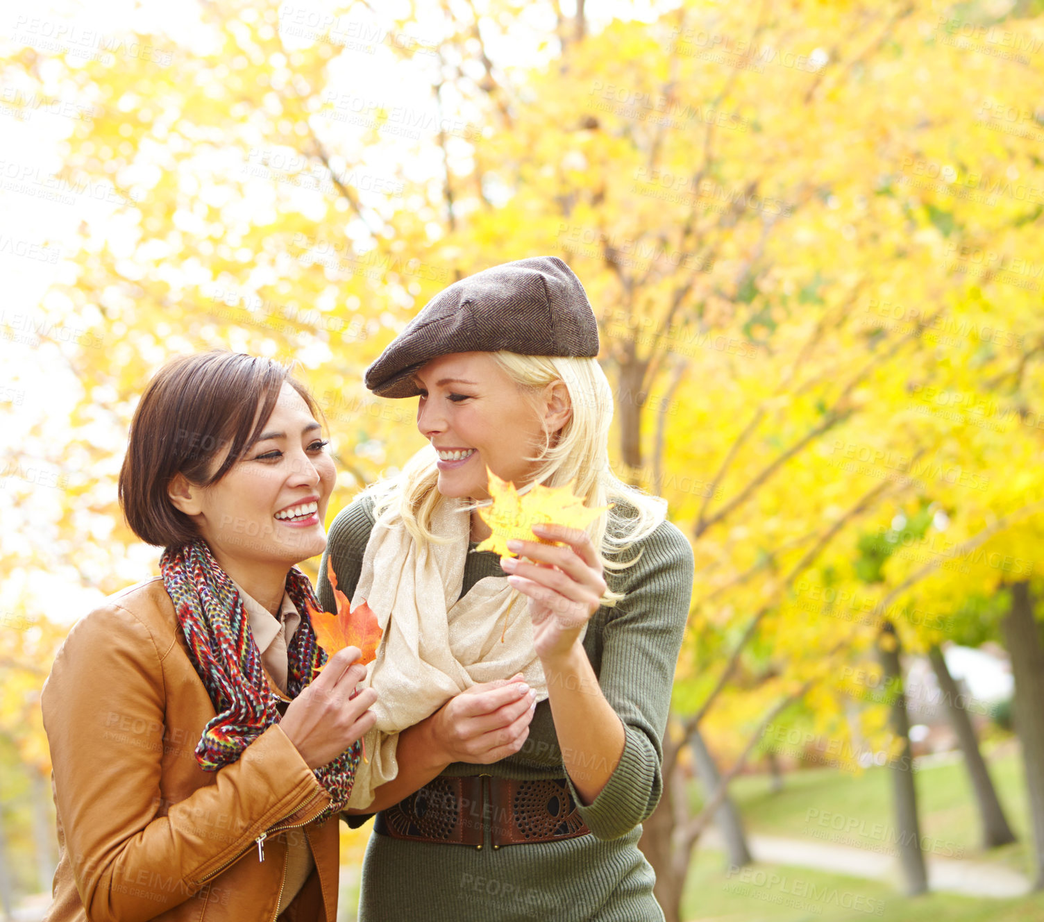 Buy stock photo Happy, friends and women with leaves in autumn for outdoor adventure, environment or season change. People, smile and relax with foliage in park for travel, holiday or vacation together in Germany