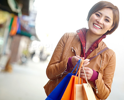 Buy stock photo City, smile and portrait of woman with shopping bag for retail commerce, fashion and discount promotion. Happy, customer and Asian person with package for boutique clothes, sale and market gift