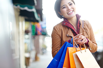 Buy stock photo Happy, asian woman and thinking with shopping bag in city for fashion, boutique and retail discount. Smile, customer and person with package by street for commerce sale, promotion and market gift