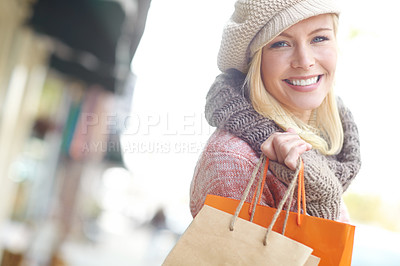 Buy stock photo Shopping, happy and portrait of woman in city with bags for clothing sale, discount and mall promotion. Fashion, travel and person outdoors with products from retail store, boutique and market