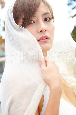 Buy stock photo Wedding, serious and portrait of woman with veil for marriage, celebration and outdoor ceremony. Confident, Asian person and face of bride with makeup for romantic event, beauty and designer dress