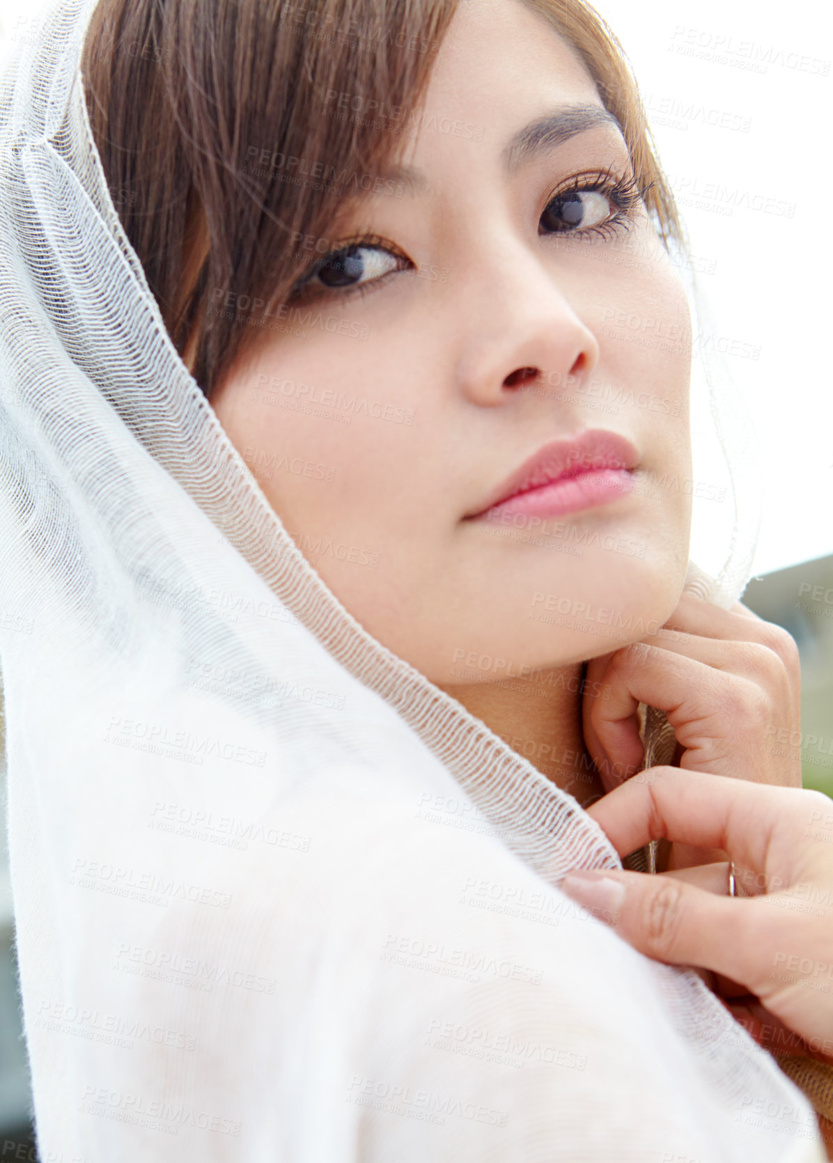 Buy stock photo Wedding, veil and outdoor portrait of asian woman with confidence, natural beauty and luxury bridal event. Pride, glamour and elegant face of bride in nature with fashion, marriage and celebration