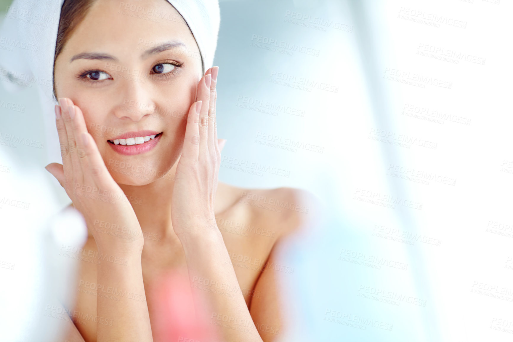 Buy stock photo Asian woman, bathroom and skincare with hands on face for moisturizer, change and mockup space in home. Person, towel and grooming with routine, cosmetics or happy for results for beauty in morning