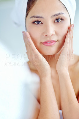 Buy stock photo Beauty, girl and portrait with skincare in bathroom for cleaning face, morning routine and self care in home. Korean woman, smile and cosmetics with facial treatment for glowing skin and wellness