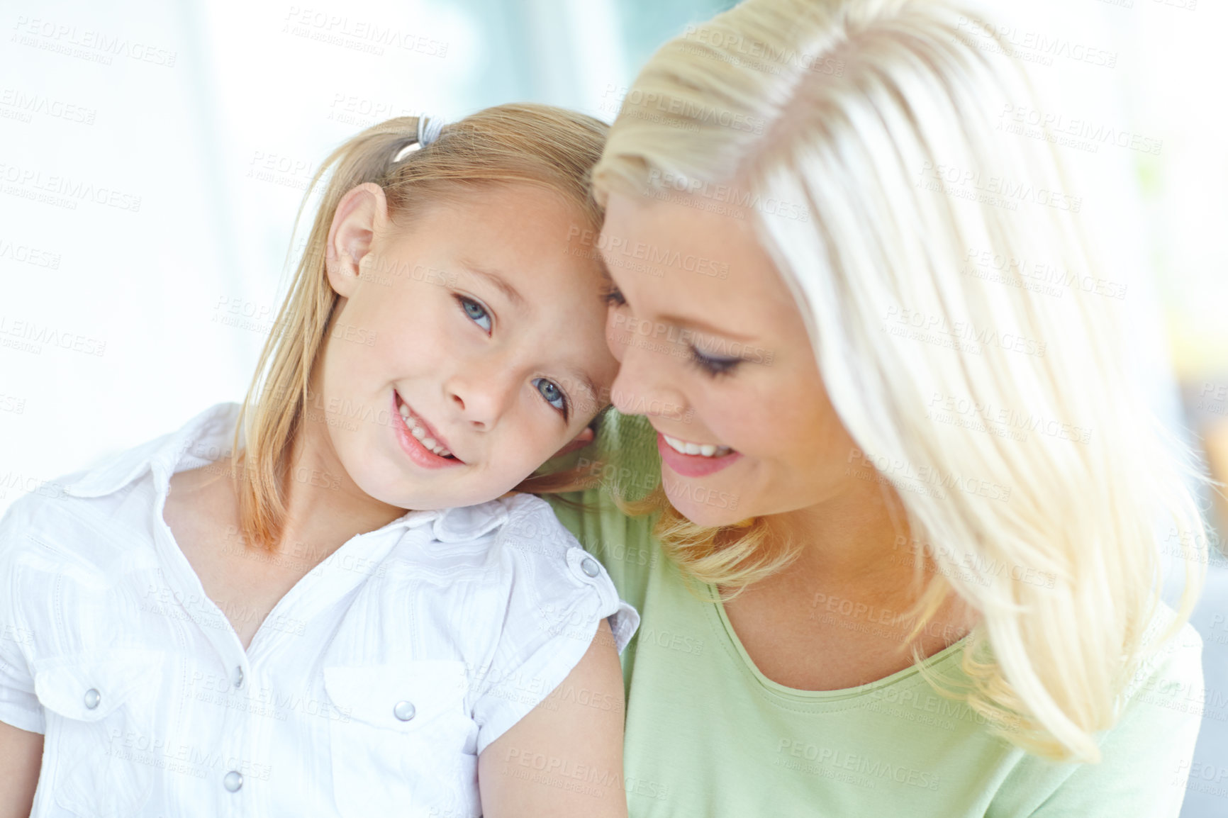 Buy stock photo Portrait, mom and child on sofa with smile, care and bonding together with fun on morning in home. Relax, mother and girl embrace on couch with happy family support, growth and love in living room