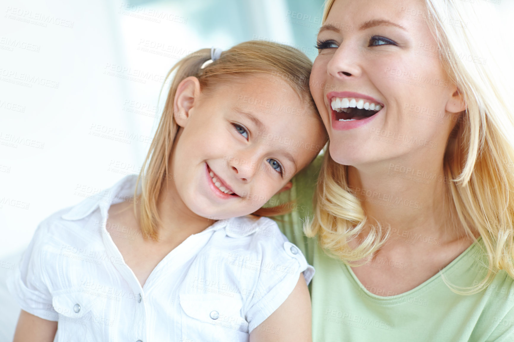 Buy stock photo Portrait, mom and child on sofa with laughing, care and bonding together with fun on morning in home. Relax, mother and girl embrace on couch with happy family support, growth and love in living room