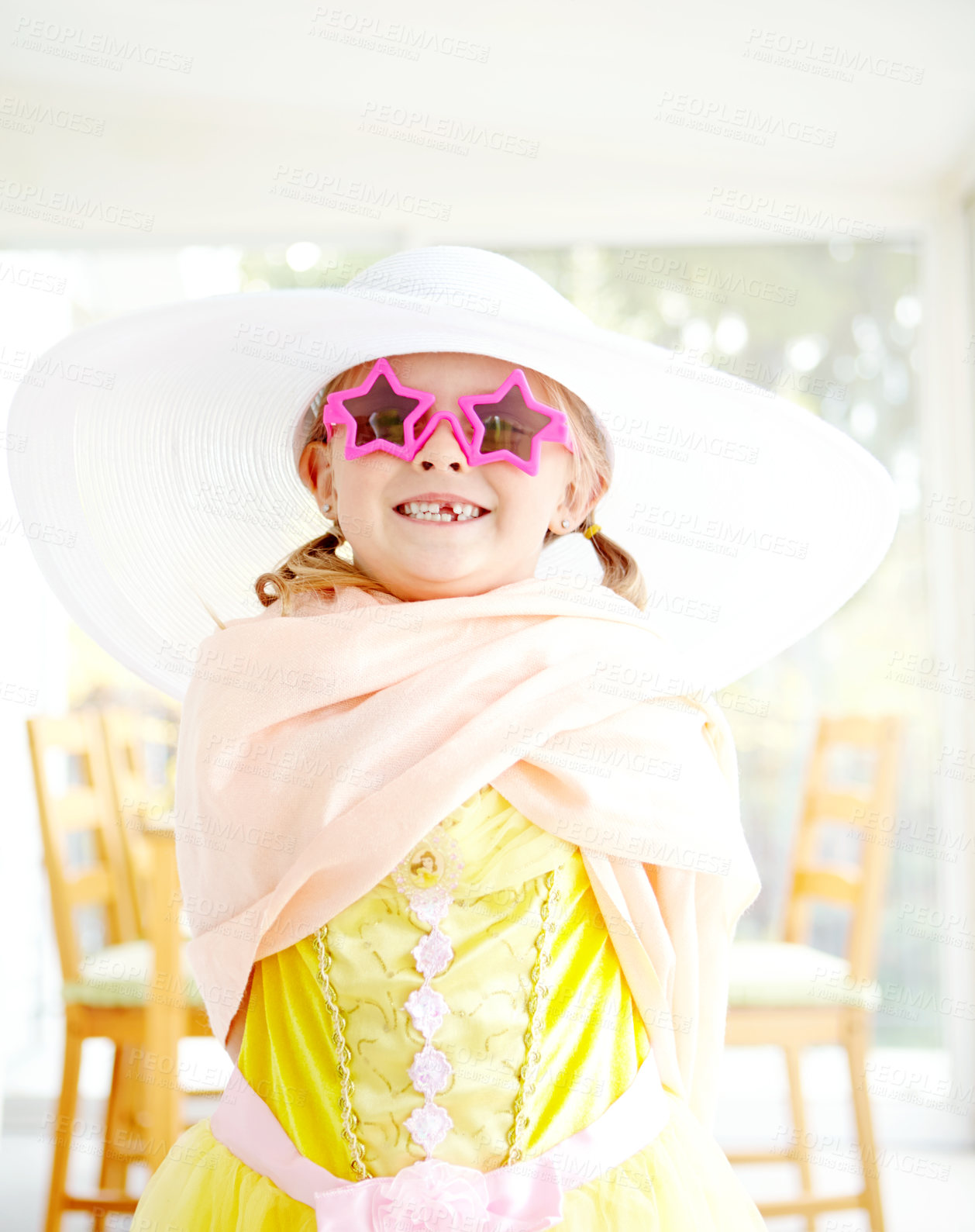 Buy stock photo Fancy, dress and portrait of child in home with fun, glamour and confidence with sunglasses for character play. Princess, costume and happy girl with smile, fantasy game and creative development.