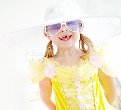 Buy stock photo Play, dress and portrait of child in home with fun, glamour and confidence with sunglasses for fancy character. Princess, costume and happy girl with smile, fantasy game and creative development.