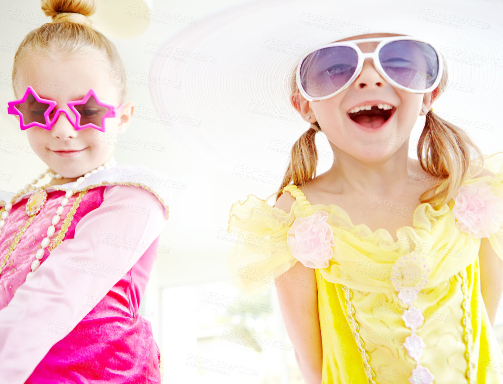 Buy stock photo Fun, friends and children dress up in home with glamour, confidence and fancy sunglasses for character play. Princess, costume and happy girl kids with smile, fantasy game and creative development.