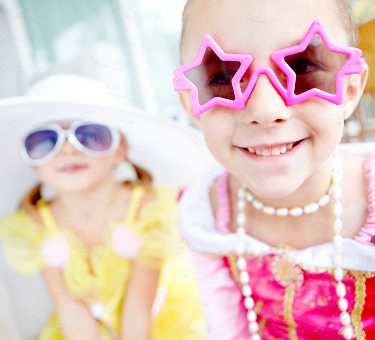 Buy stock photo Princess, friends and portrait of children in home with fun, glamour and confidence with sunglasses for character play. Fancy, dress and happy girl kids with smile, fantasy and creative development.