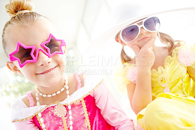 Buy stock photo Princess, friends and portrait of children together in home with fun, glamour and confidence for character play. Fancy, dress and happy girl kids with smile, fantasy costume and creative development.