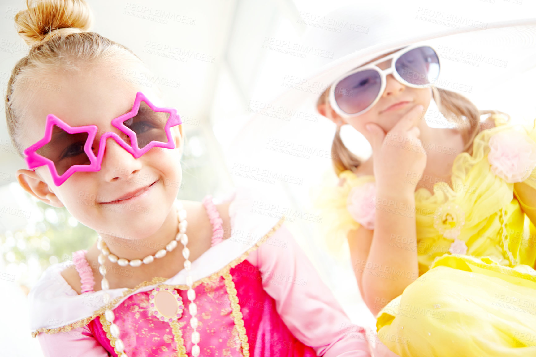 Buy stock photo Princess, friends and portrait of children together in home with fun, glamour and confidence for character play. Fancy, dress and happy girl kids with smile, fantasy costume and creative development.