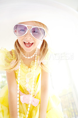 Buy stock photo Fancy, dress and child in home with laugh, glamour and confidence with fun sunglasses for character play. Princess, costume and happy girl kid with smile, fantasy game and creative development.