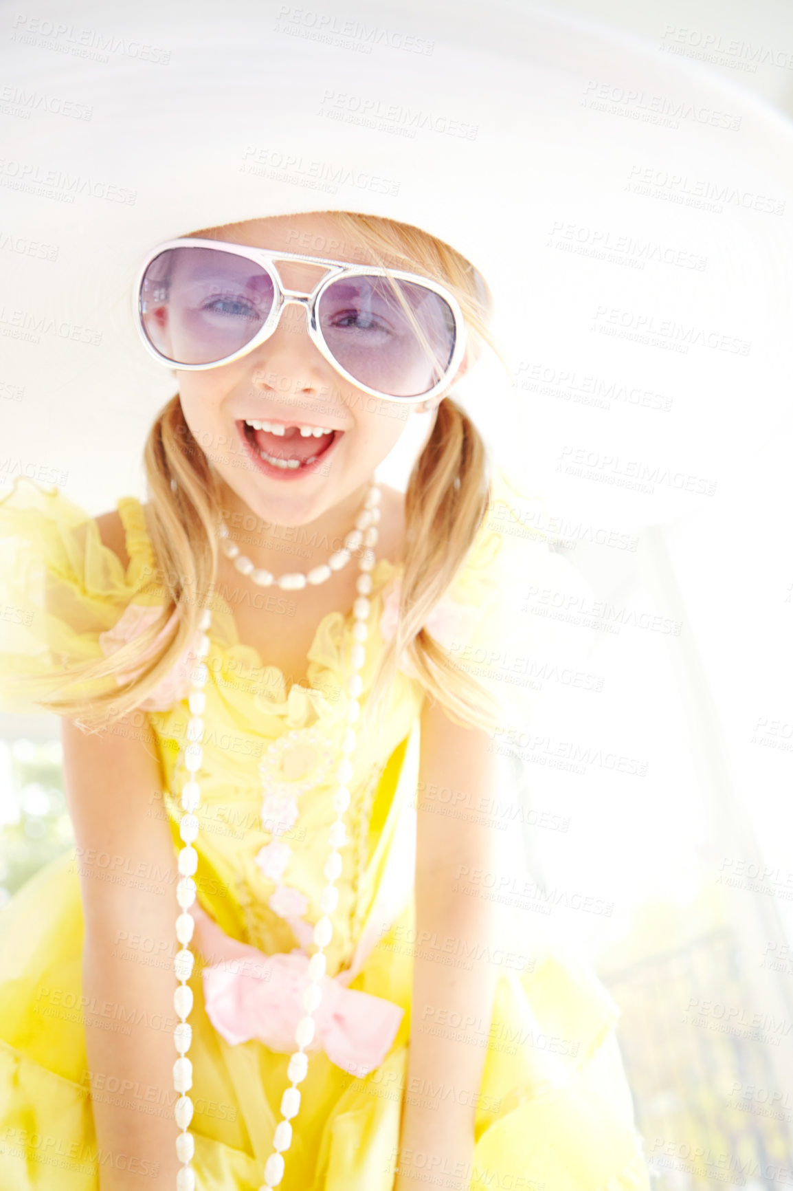 Buy stock photo Fancy, dress and child in home with laugh, glamour and confidence with fun sunglasses for character play. Princess, costume and happy girl kid with smile, fantasy game and creative development.