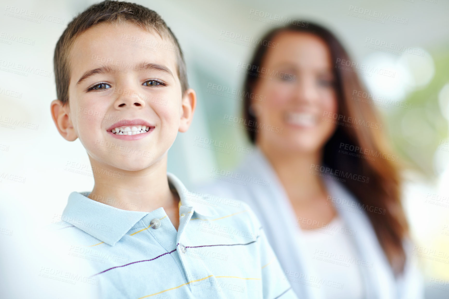 Buy stock photo Portrait, happy and child with mom, boy and together with parent in back to school meeting and smile. Classroom, kid and woman in conference for student, growth and development of son with education