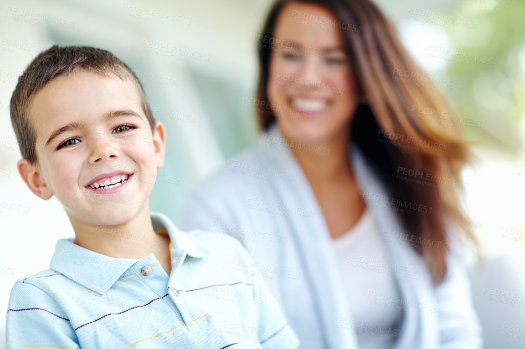 Buy stock photo Portrait, relax and smile of boy with mother on sofa in living room of home together for bonding. Face, family or love with happy son and single parent woman in apartment for weekend wellness