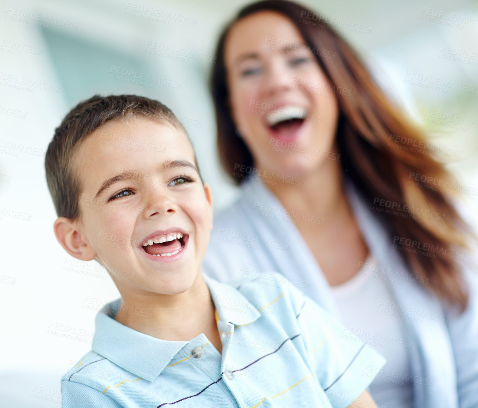 Buy stock photo Portrait, laughing and child with mom, happy and together with parent in school meeting and smile. Classroom, kid and woman in conference for student, growth and development of son with education