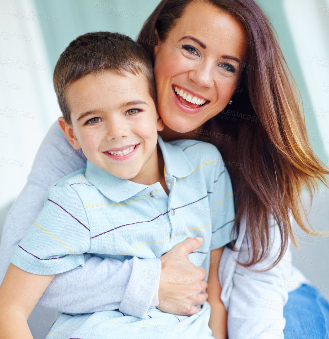 Buy stock photo Mom, child and hug in living room for love, support or care with bonding for happy childhood or weekend together at home. Portrait, mother and kid or son with smile for embrace or relax in lounge