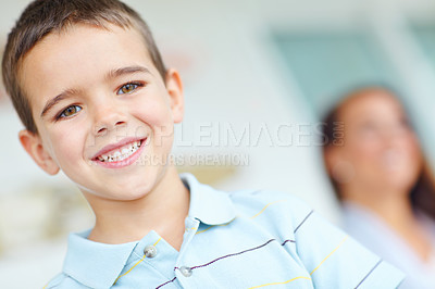 Buy stock photo Portrait, proud and child with mom, boy and together with parent in school meeting and smile. Classroom, kid and woman in conference for student, growth and development of son, happy and education