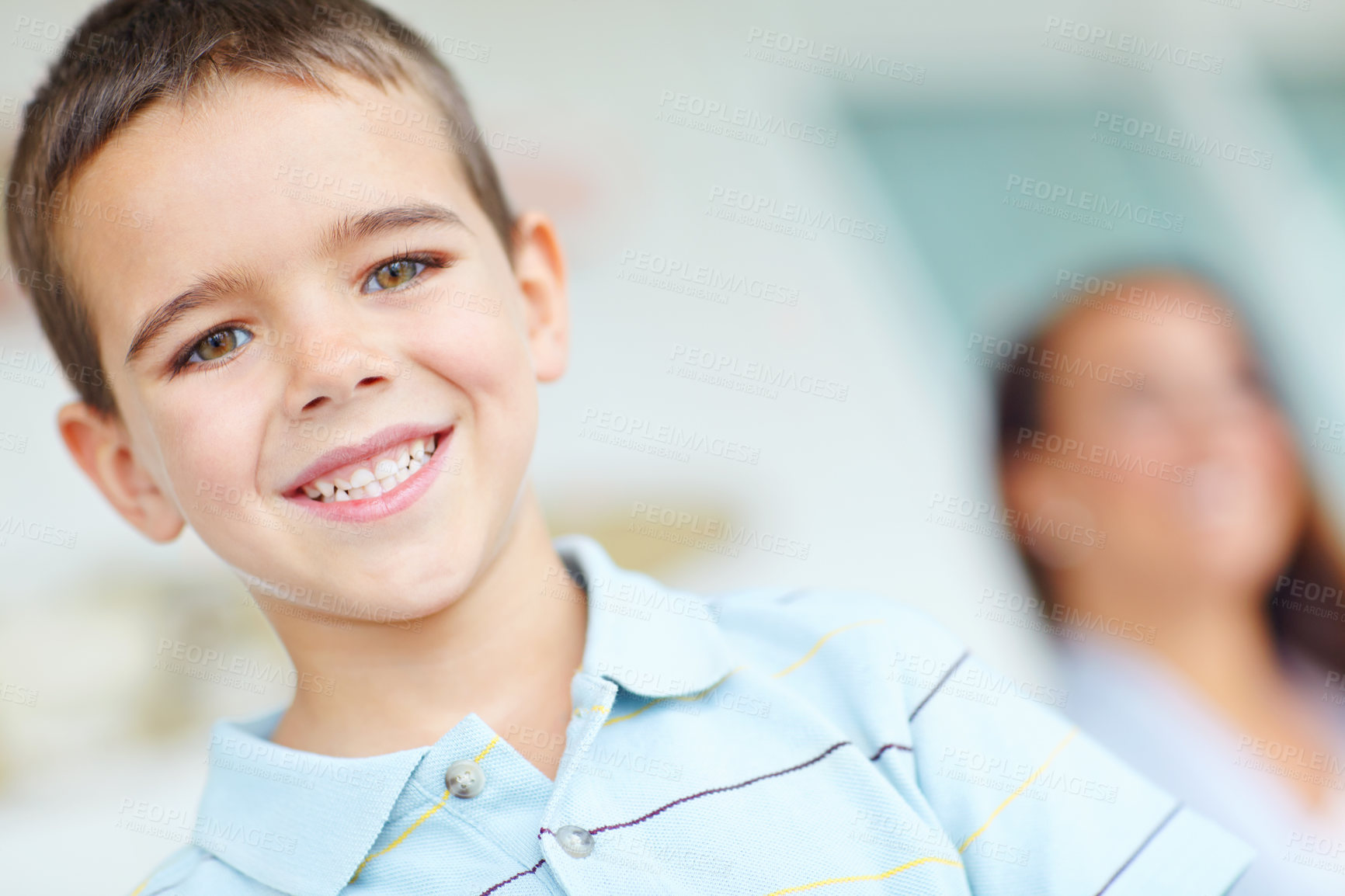 Buy stock photo Portrait, proud and child with mom, boy and together with parent in school meeting and smile. Classroom, kid and woman in conference for student, growth and development of son, happy and education