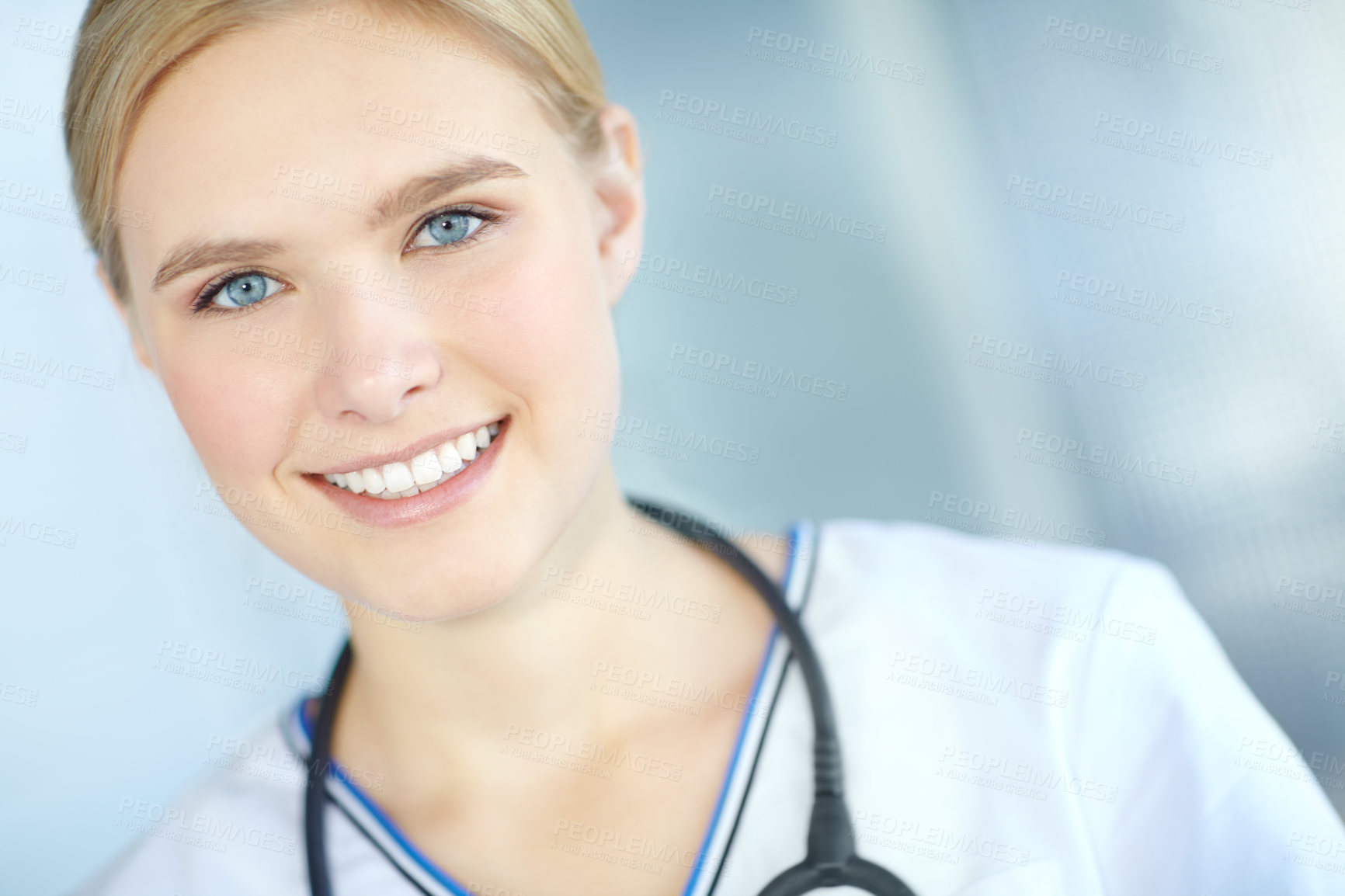 Buy stock photo Woman, smile and portrait of nurse at clinic for healthcare, support and career in medicine. Happy, professional and person with stethoscope at hospital for medical service, confidence and wellness