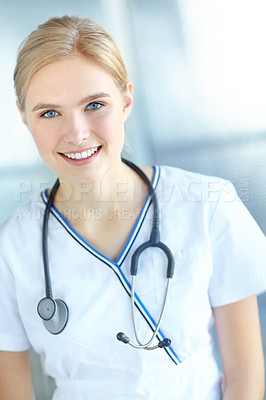 Buy stock photo Confident, woman and portrait of nurse at clinic for healthcare, service and career in medicine. Happy, professional and person with stethoscope at hospital for medical support, pride and wellness