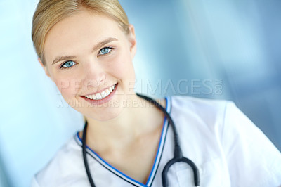 Buy stock photo Woman, happy and portrait of nurse at clinic for healthcare, support and career in medicine. Smile, professional and person with stethoscope at hospital for medical service, wellness and confidence