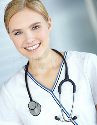 Buy stock photo Healthcare, doctor and portrait of woman, smile and confident with stethoscope, intern and hospital. Happy, medical professional and trainee in clinic, proud and profession to help and pediatrician