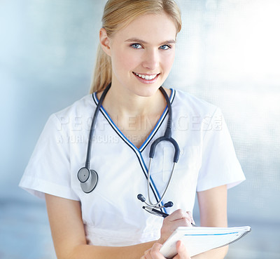 Buy stock photo Healthcare, doctor and portrait of woman, notes and confident with stethoscope, intern and hospital. Happy, medical professional and trainee in clinic, proud and profession to help and diagnosis