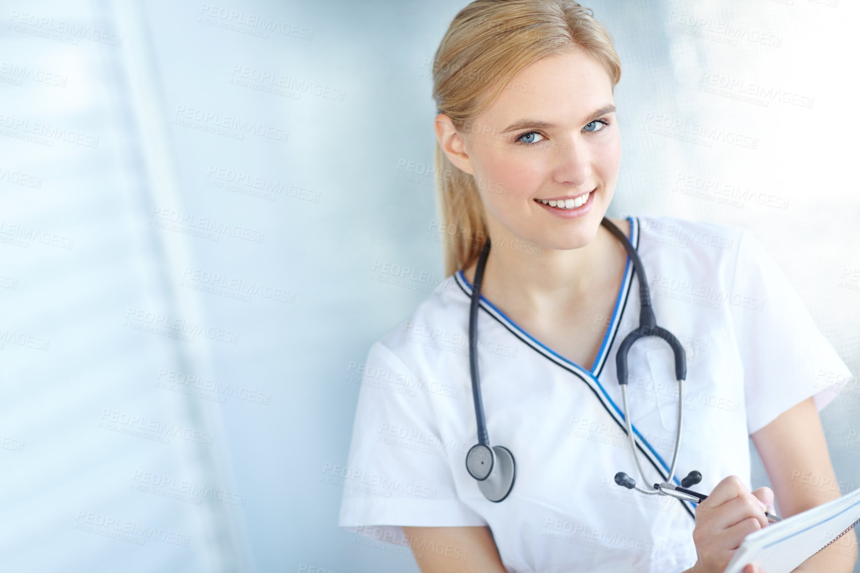 Buy stock photo Healthcare, doctor and portrait of woman, writing and confident with diagnosis, intern and hospital. Happy, medical professional and trainee in clinic, joy and proud to help or notes for prescription