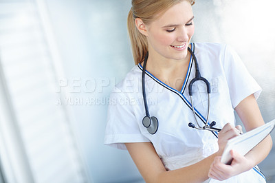 Buy stock photo Healthcare, paper and smile with nurse woman in hospital for medical insurance, notes or results. Checklist, documents and writing with happy medicine professional in clinic for administration