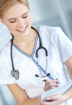 Buy stock photo Documents, medical and smile with nurse woman in hospital for healthcare insurance, notes or results. Checklist, compliance and writing with happy medicine professional in clinic for administration