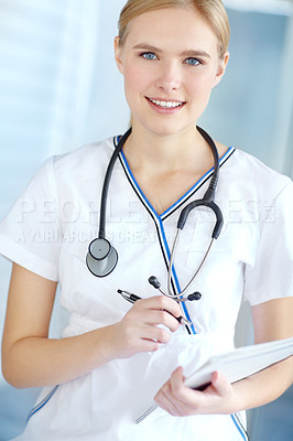 Buy stock photo Portrait, nurse and woman with smile, notebook and healthcare with wellness, smile and career ambition. Face, person and medical with professional in uniform, documents and stethoscope in hospital