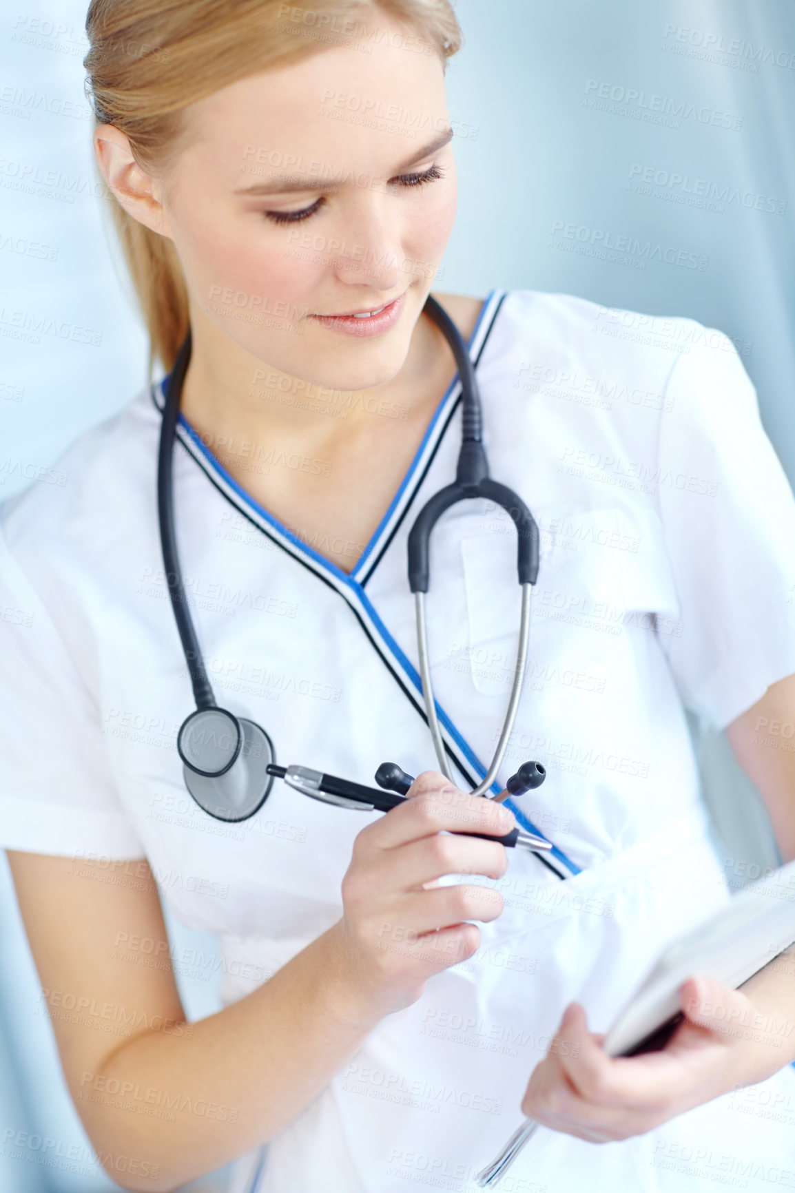 Buy stock photo Documents, healthcare and thinking with nurse woman in hospital for medical insurance, notes or results. Checklist, paper and writing with confident medicine professional in clinic for administration