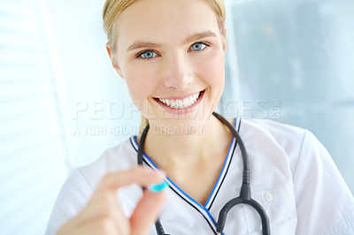 Buy stock photo Portrait, woman or doctor in healthcare with pills, supplements and prescription for diagnosis in clinic. Hospital, happy pharmacist and medicine with treatment drug for wellness, disease or recovery