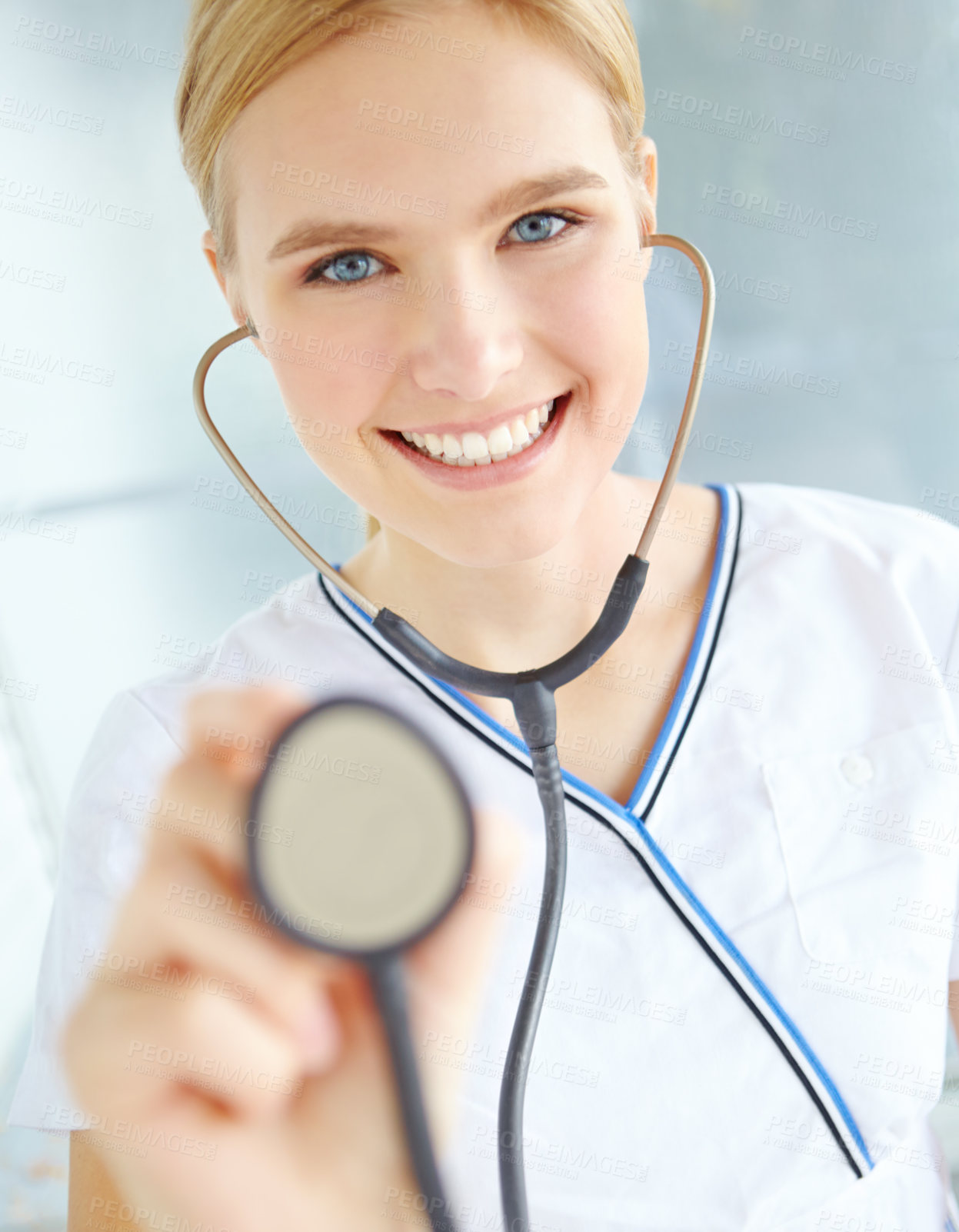 Buy stock photo Woman, doctor and happy on portrait with stethoscope for for healthcare, support and help. Female person, cardiologist and smile with confidence or pride as medical professional for career growth